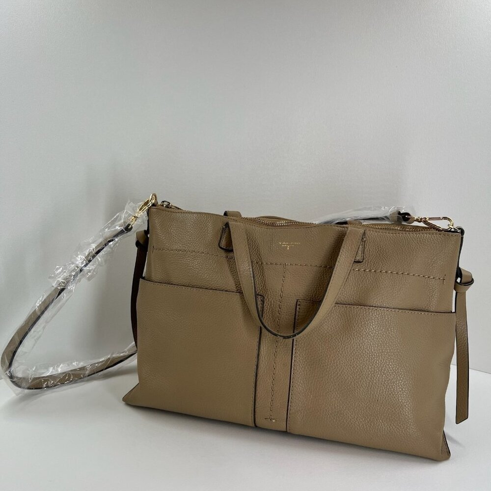 T Tahari Taupe Pebbled Leather Tote Crossbody Strap Zip Lined Gold Hardware